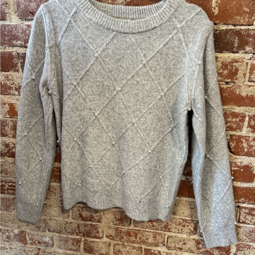 Hem & Thread Light Gray Pearl-Embellished Crewneck Sweater